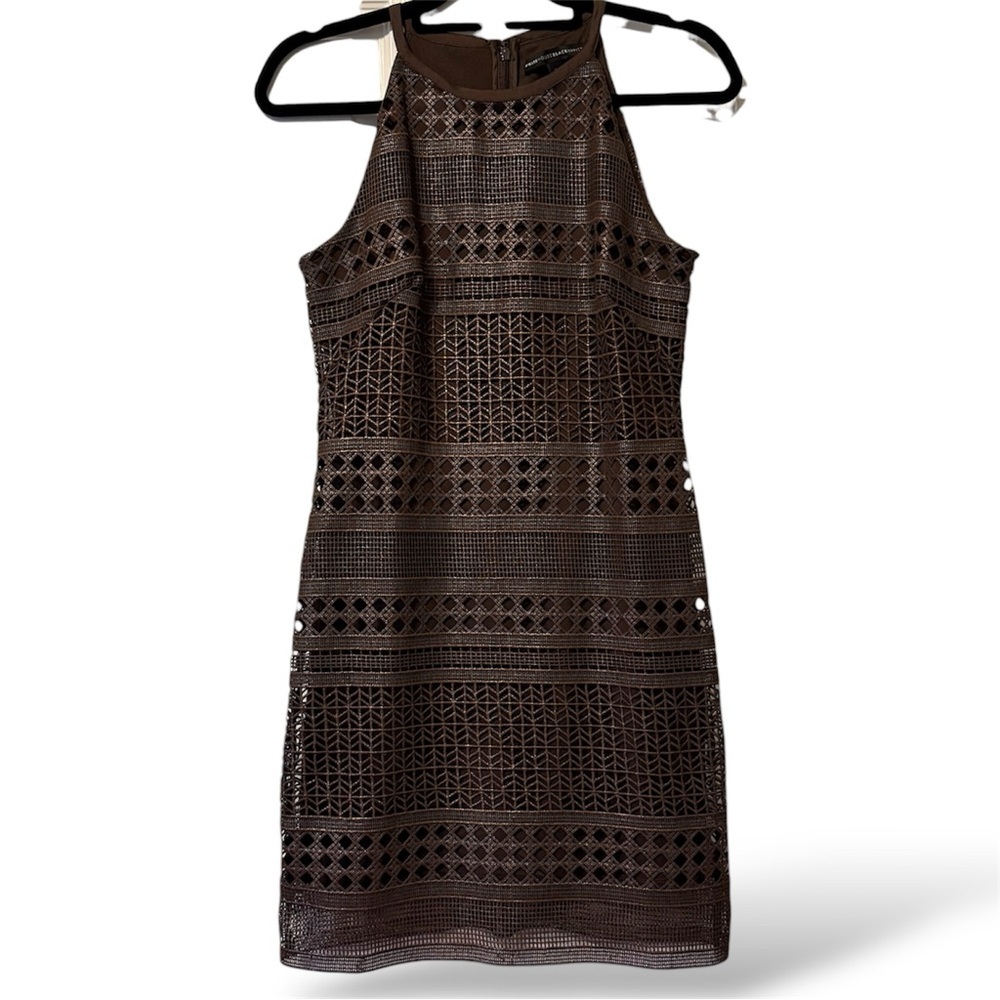 White House Black Market Size 0 Brown Metallic Lace Halter Dress Sheath Cocktail - Picture 3 of 8